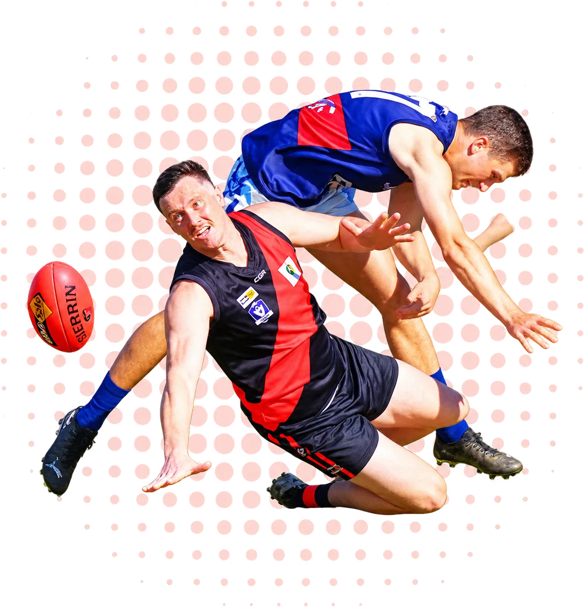 A Waaia footballer being tackled by an opponent in blue